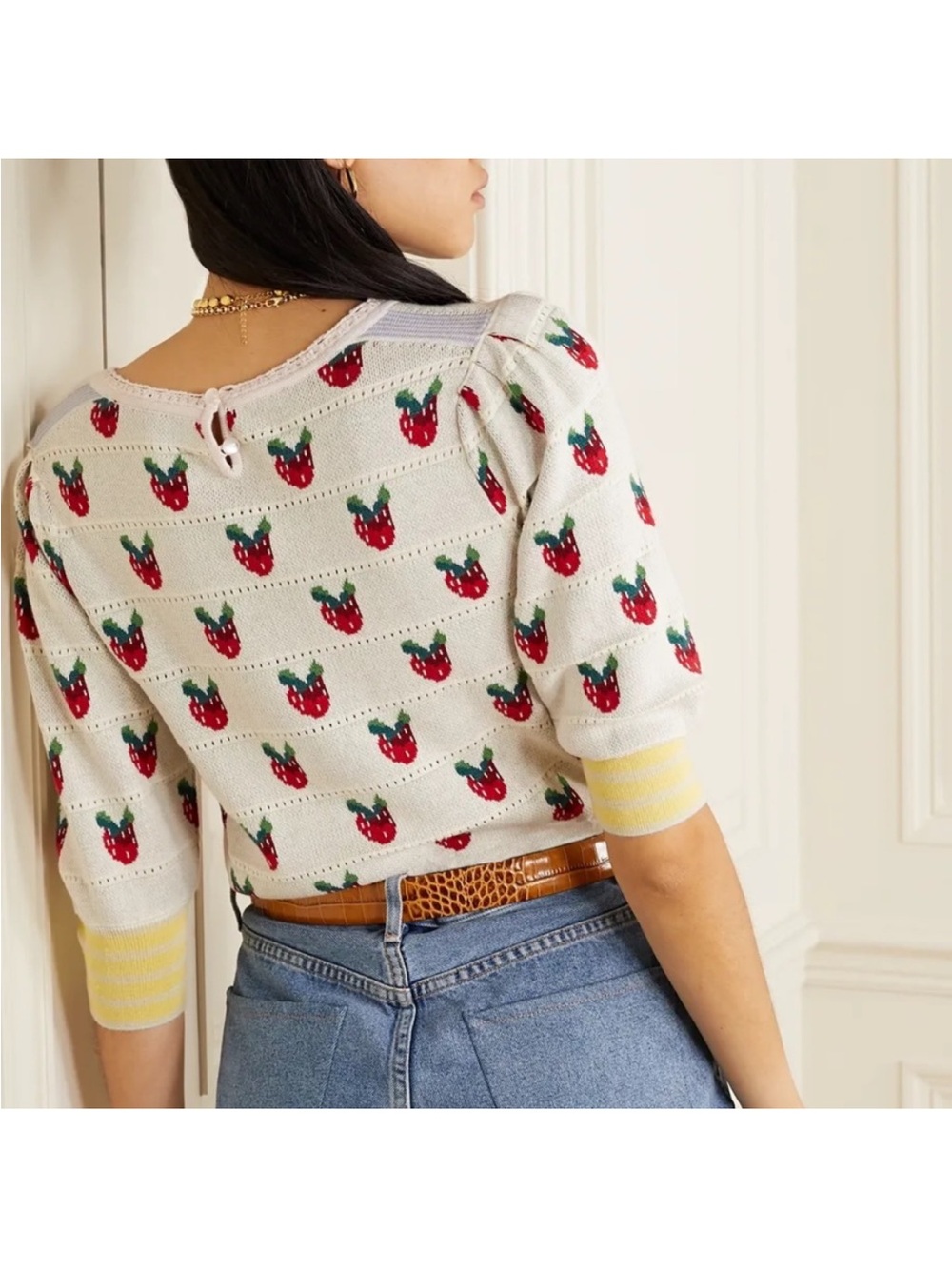 LoveShackFancy Cream Strawberry Motif Puff-Sleeve Sweater